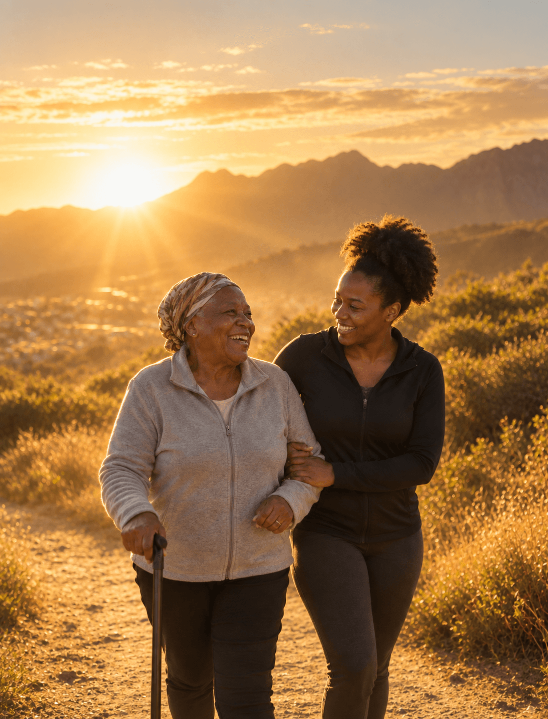 A stroke survivor and her carer on a trail at sunset